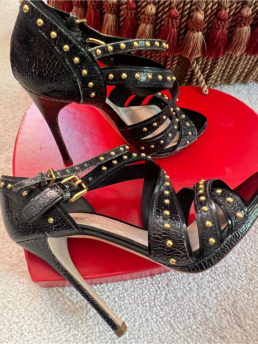 Miu Miu Black Crackled Leather Studded Strappy High-Heel Sandals ā¤ļøāš„ - Picture 2 of 16